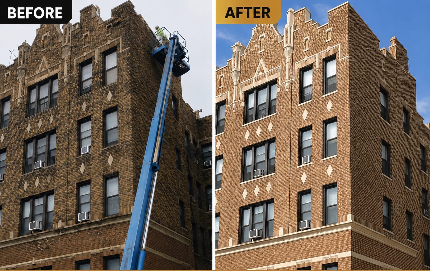 Before and after: Façade restoration and cleaning — pre-war apartment building by Tower Builder Group
