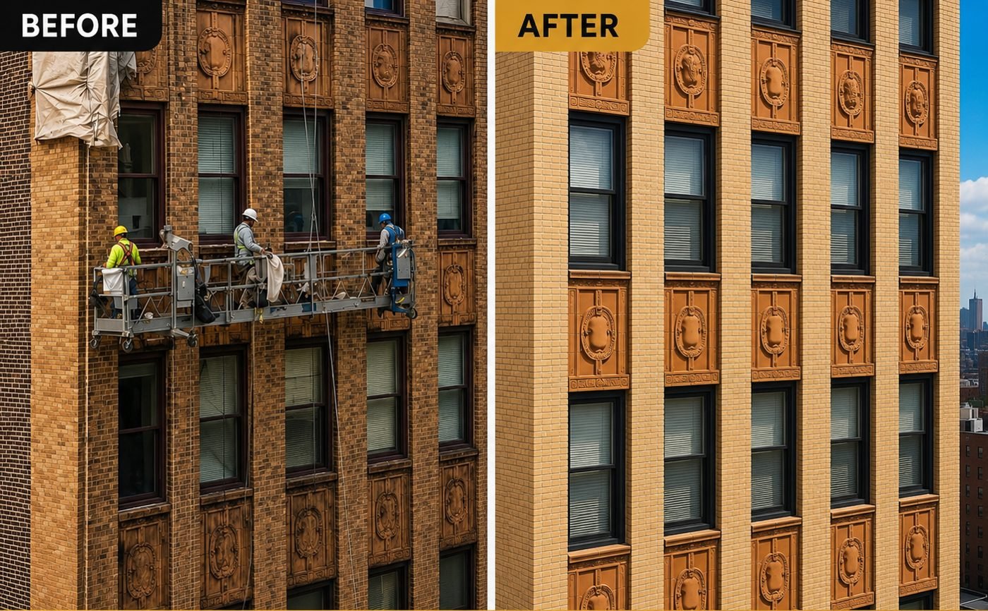 Before and after: Terracotta façade restoration — swing-stage masonry work by Tower Builder Group