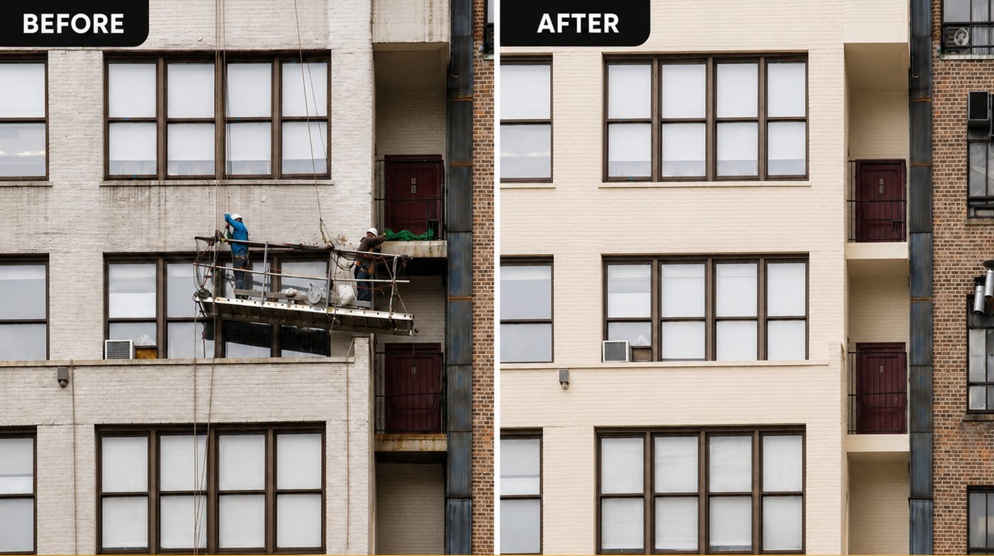 Before and after: Façade repair and repaint — apartment building by Tower Builder Group