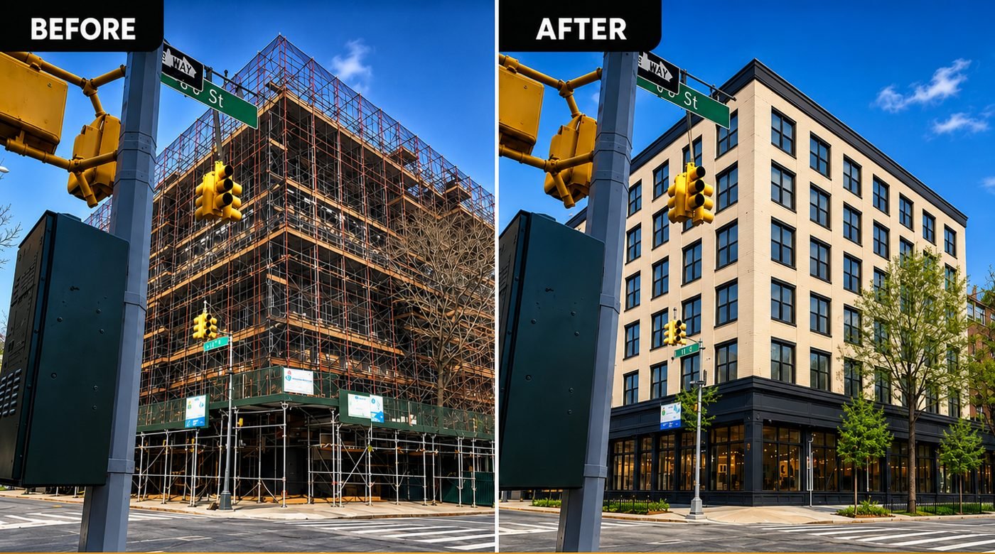 Before and after: Full exterior completed — corner mixed-use building by Tower Builder Group