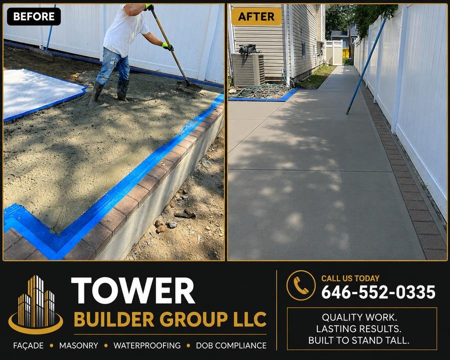 Before and after: backyard concrete walkway with paver border, formed and poured by Tower Builder Group