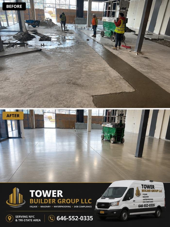 Before and after: commercial interior concrete floor ground and polished by Tower Builder Group