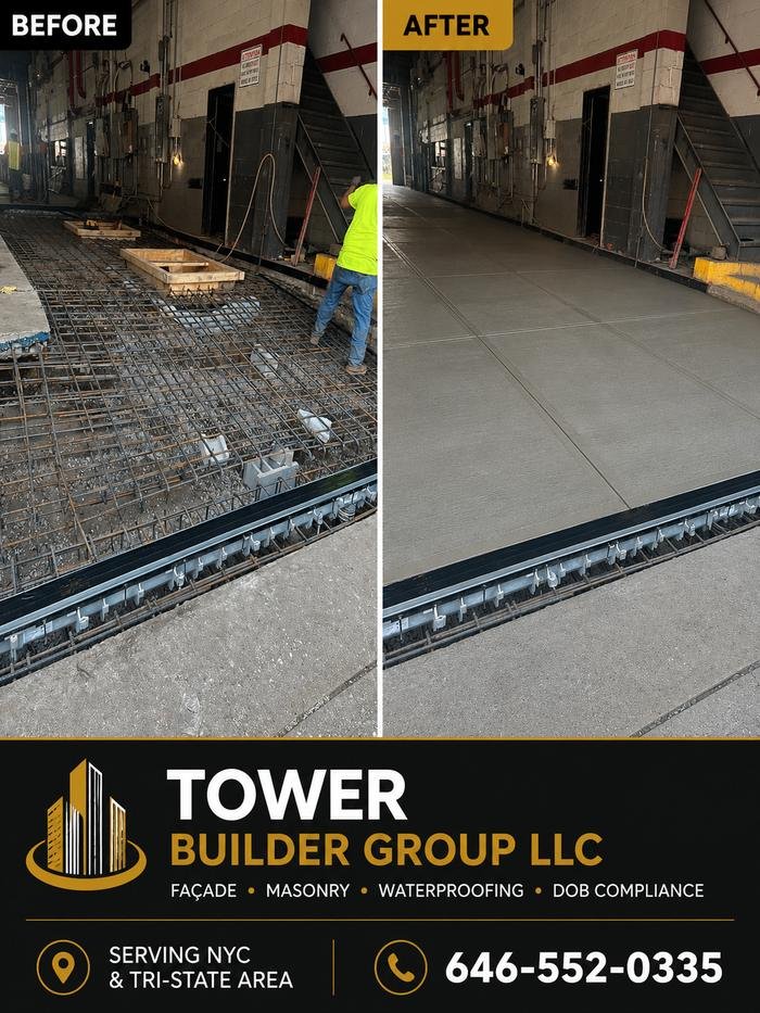 Before and after: reinforced loading dock slab, rebar grid then finished broom concrete