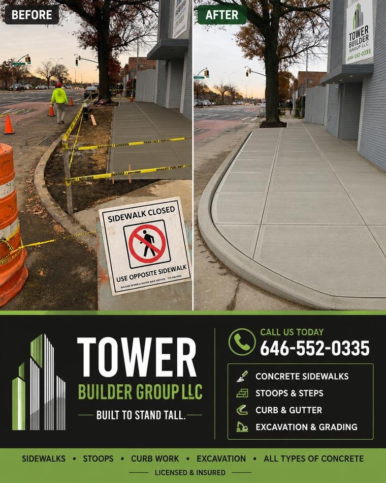 Before and after: closed corner sidewalk rebuilt with new curb radius and expansion joints by Tower Builder Group