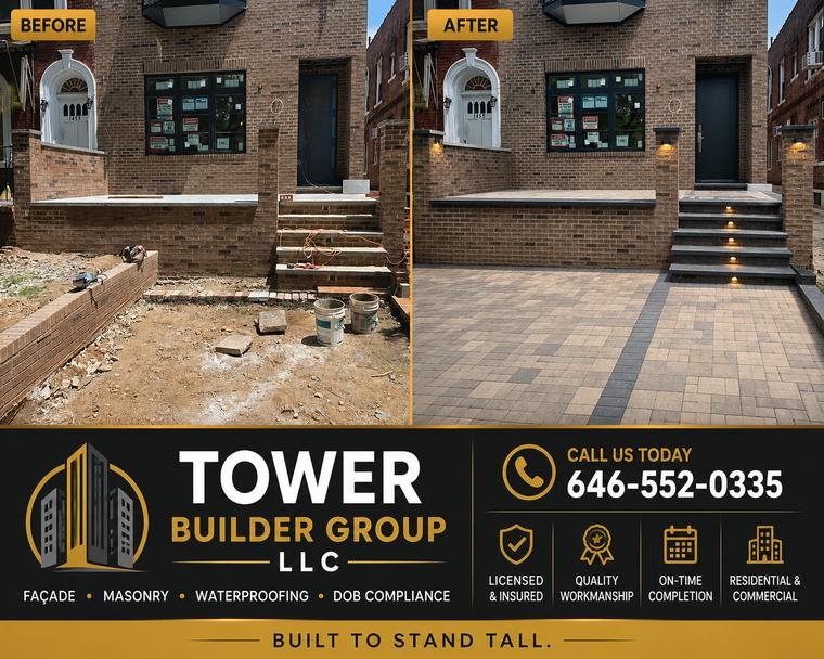 Before and after: brick stoop rebuilt with paver patio, bluestone treads, and step lighting by Tower Builder Group