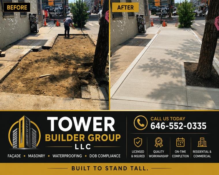 Before and after: NYC sidewalk flag replacement with new tree pit by Tower Builder Group