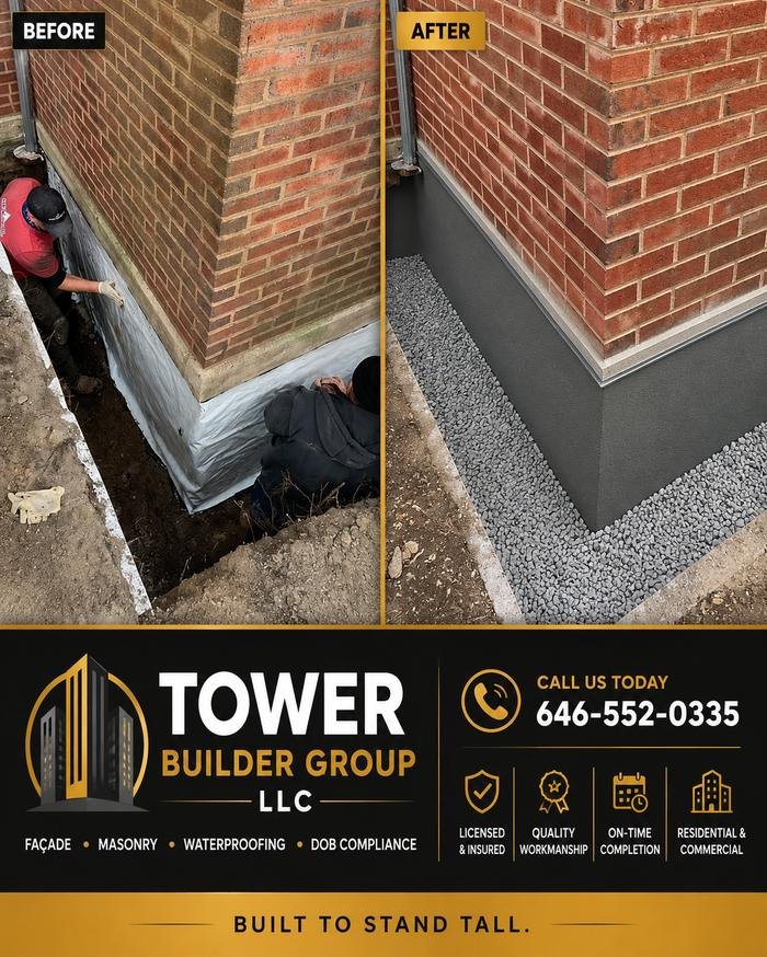 Before and after: foundation corner waterproofed with parge coat and gravel drainage by Tower Builder Group