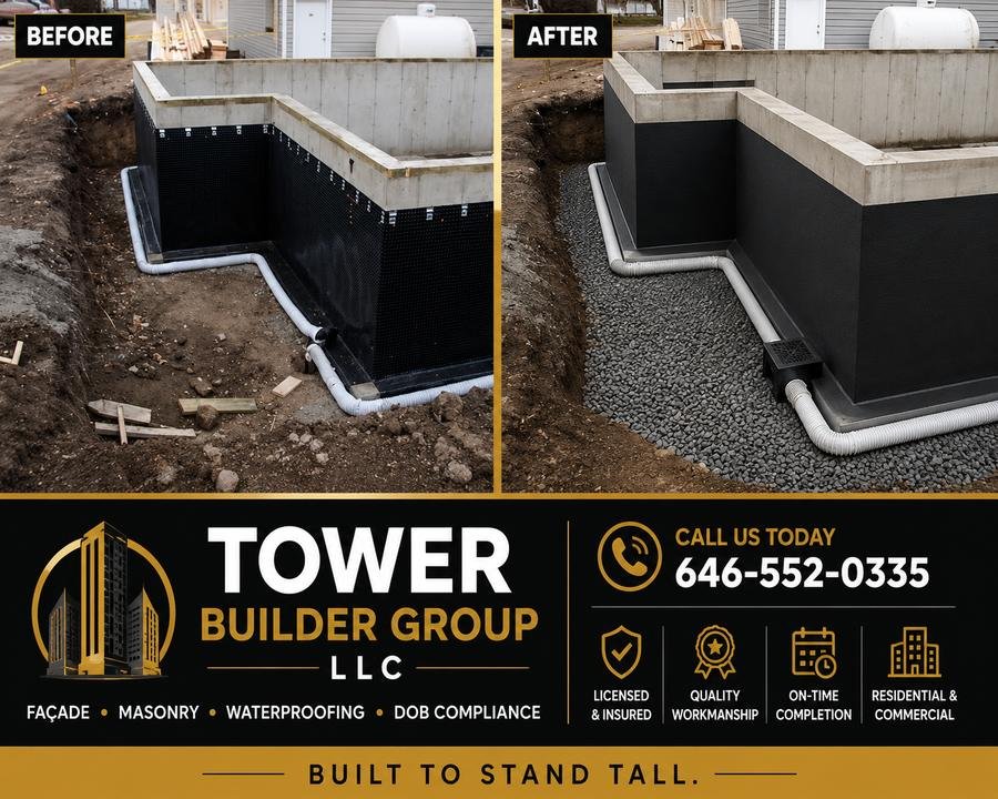 Before and after: new foundation with waterproofing membrane, footing drain, and gravel backfill