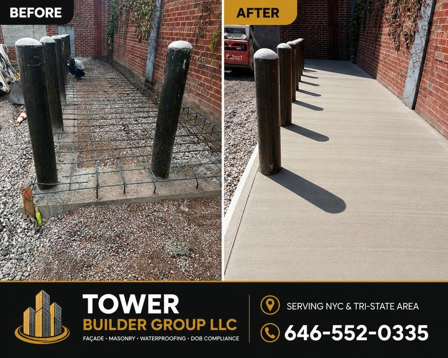 Before and after: bollard-lined walkway, rebar grid then finished concrete path